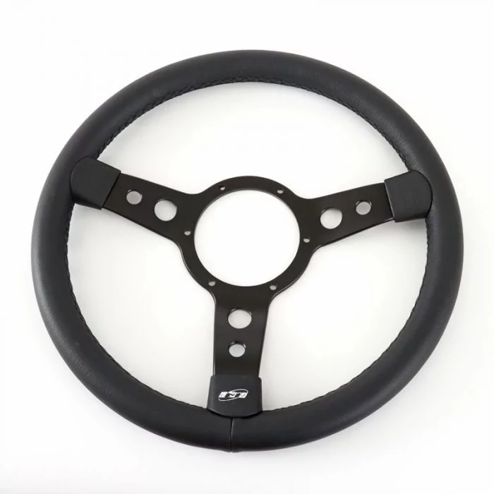 Classic Mini Mountney Black Leather Steering Wheel with Black Anodised Spokes