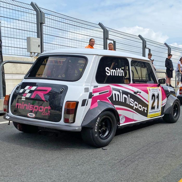 Aaron Smith, racing at Zandvoort in a Mini sport sponsered Miglia