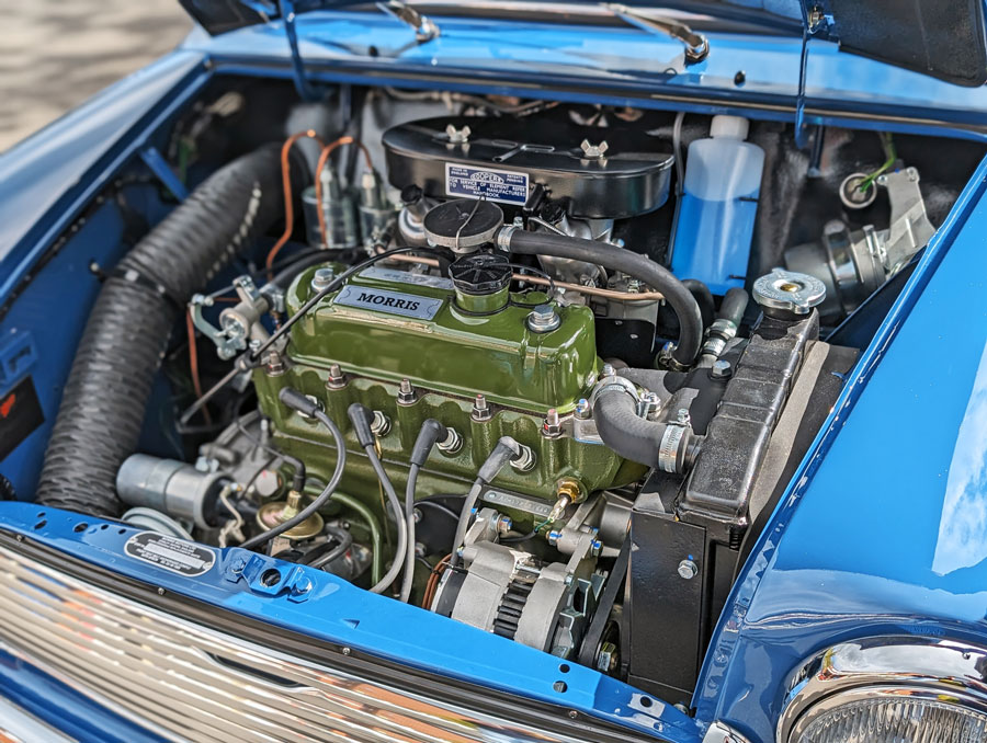 Engine bay, fitted with a reconditioned 998cc classic Mini Engine.